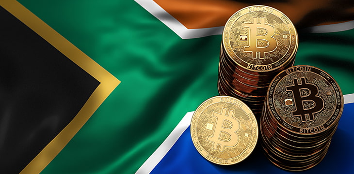 Save Download Preview Stack of Bitcoin coins on Southern Africa flag