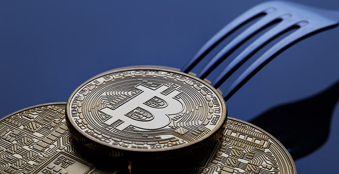 A fork with gold bitcoins on a blue background