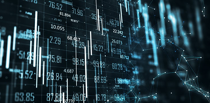 Digital virtual screen with stock data and business charts.