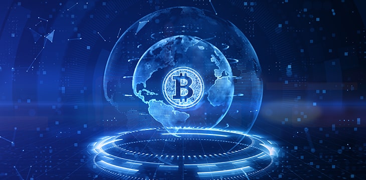 Bitcoin blockchain crypto currency digital encryption, Digital money exchange, Technology global network connections background concept