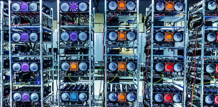 Bitcoin and crypto mining farm. Big data center. High tech server computers at work