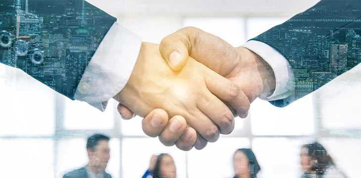 Double exposure of business Handshake with New York Manhattan skyline buildings background