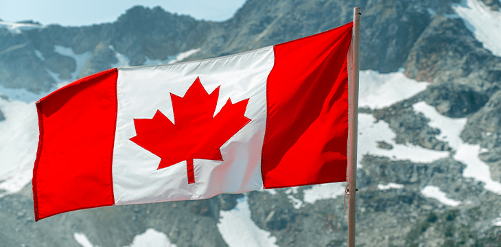 Canadian flag in winter mountains