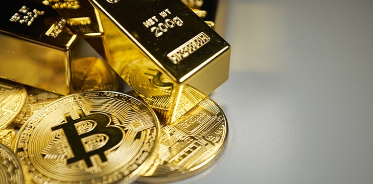 Bitcoins and gold bars