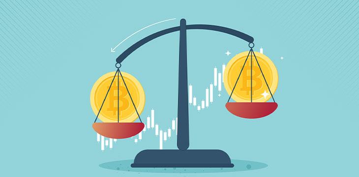 Weight scale with bitcoin business in front of rising chart