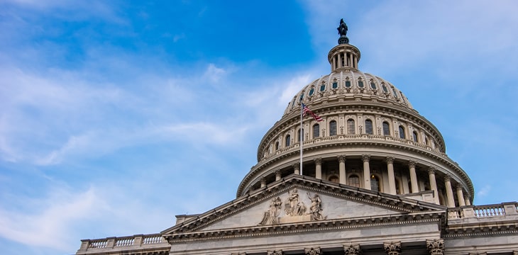 Low angle view of marble dome of United States Capitol