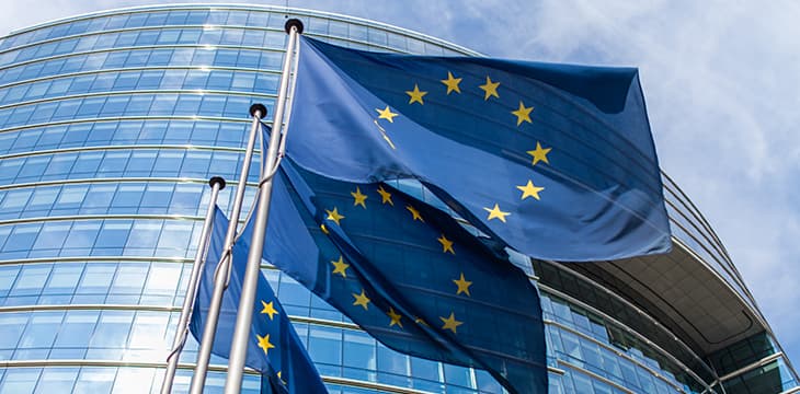 European flags in front of the European Commission.