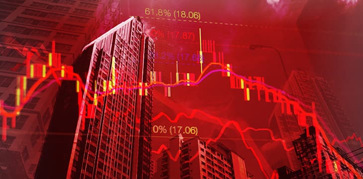 Graph chart with fibonacci indicator in bear markets, stock exchange in bear concept.