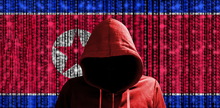 Korean hacker in front of digital datastream flag.