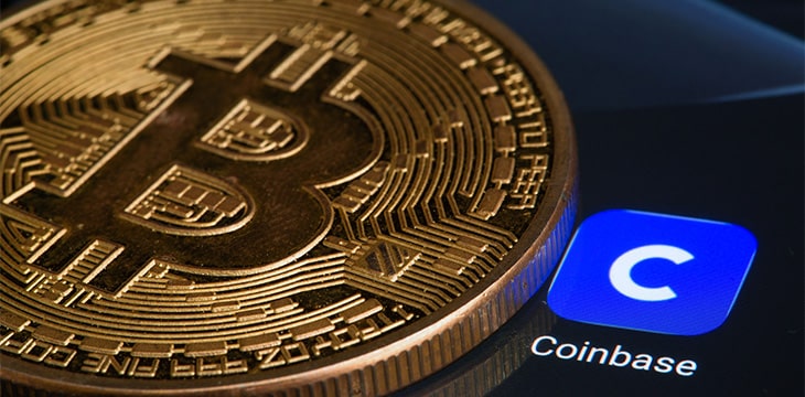 Coinbase logo and Bitcoins