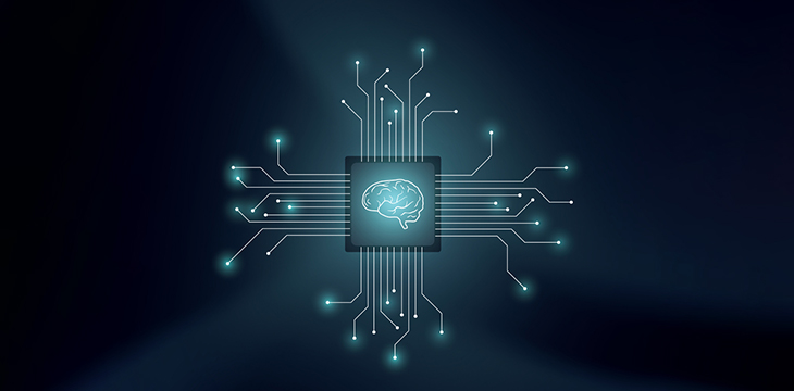 Artificial intelligence or AI vector concept with human brain inside the microchip