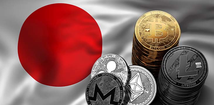 Stack of Bitcoin coins on Japanese flag. Situation of Bitcoin and other cryptocurrencies in Japan concept. 3D Rendering — Stock Editorial Photography