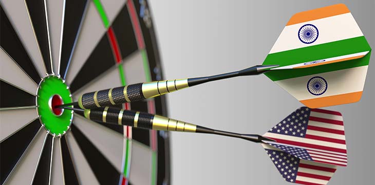 Flags of India and the USA on darts hitting bullseye of the target. International cooperation or competition conceptual 3D rendering — Photo