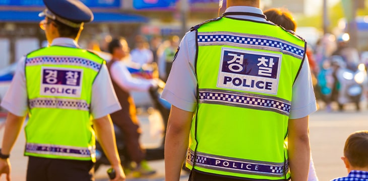 Seoul Policemen controlling a demonstration on downtown street