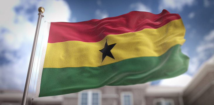 Ghana Flag 3D Rendering on Blue Sky Building