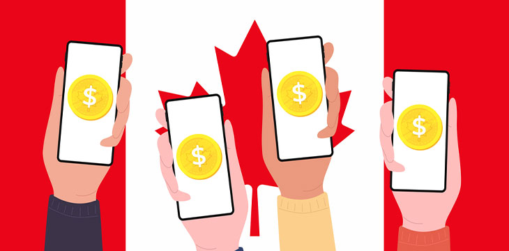 Digital Canadian dollar coins on mobile screen of people, CBDC currency futuristic digital money on Canada flag background. vector