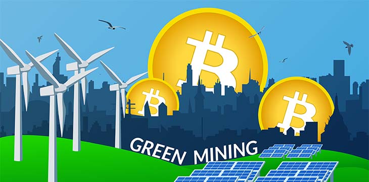 Concept of using green energy to protect the environment when mining bitcoin. Windmills and solar panels stand on the green grass to generate electricity. City skyline. Vector illustration.