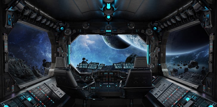 Spaceship grunge interior with view on exoplanet