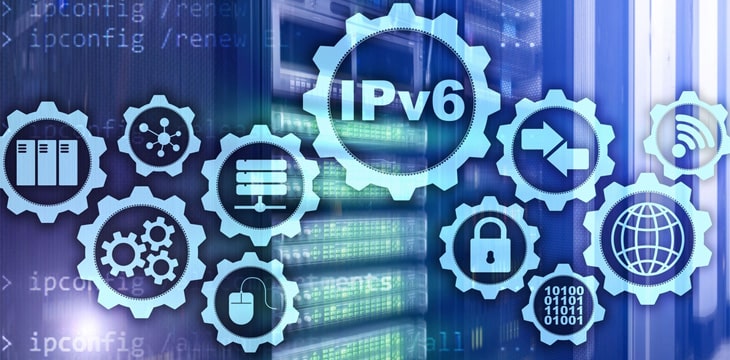 IPv6 Internet Protocol on server room background.