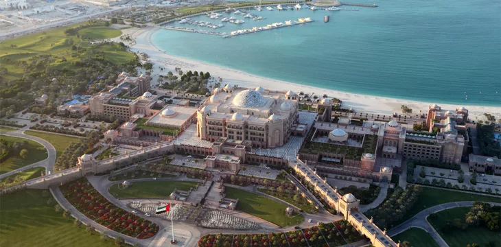 Aerial view of the Emirates Palace in Abu Dhabi, United Arab Emirates