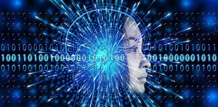 Artificial intelligence concept image of AI robot with background of binary numbers