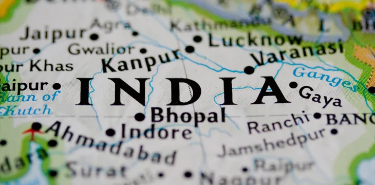 Close-up shot of India on a map