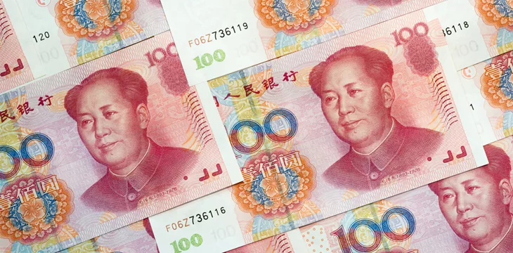 Stack of one hundred Chinese yuan bills as money background