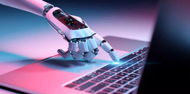 Robotic hand pressing a keyboard on a laptop 3D rendering