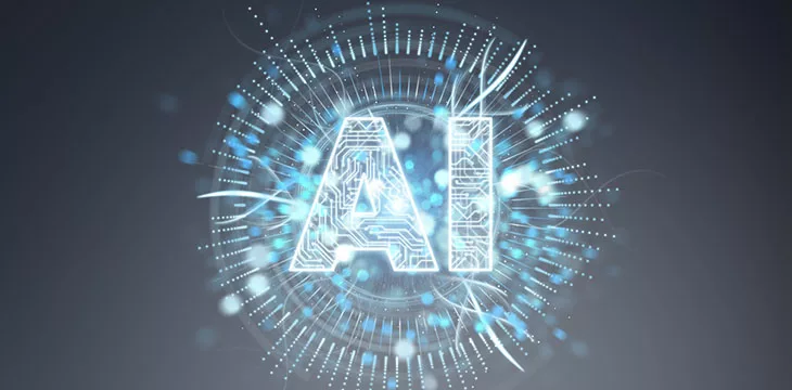 Digital artificial intelligence text hologram on blue grey background 3D rendering