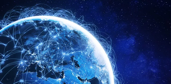 Internet technology with global communication network connected around the world for IoT, telecommunication, data transfer, international connection links, finance, business, blockchain, security