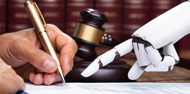 AI concept. Robotic hand assisting person in signing a document in a courtroom.