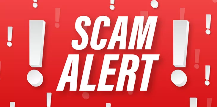 Scam Alert with exclamation points illustration on red background