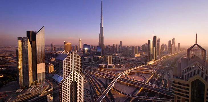 Sunset near Burj Dubai from the roof in city