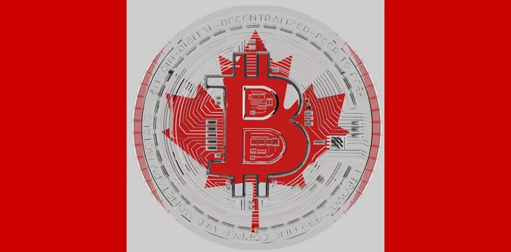 Large transparent Glass Bitcoin in center and on top of the Country Flag of Canada