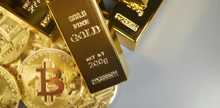 Golden Bitcoin Coins and gold. Bitcoin cryptocurrency. Business concept