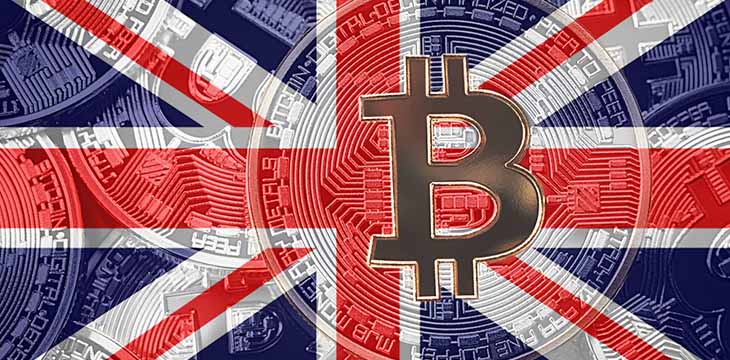 Stack of Bitcoin and the United Kingdom flag