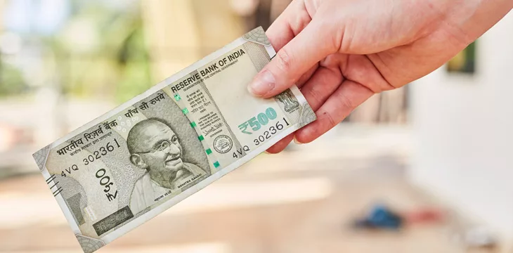 A Girl holds a new Indian 500 rupee banknote