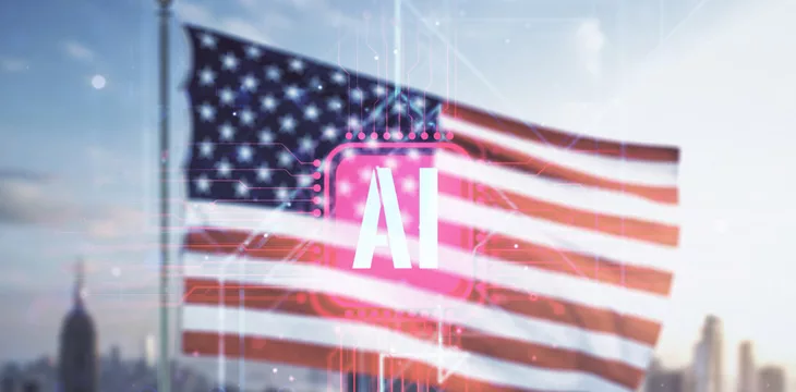 Double exposure of creative artificial Intelligence icon on USA flag and blurry cityscape background. Neural networks and machine learning concept