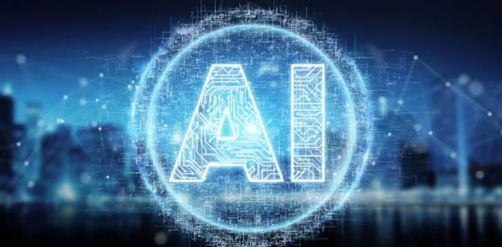 Digital artificial intelligence text hologram on blue background