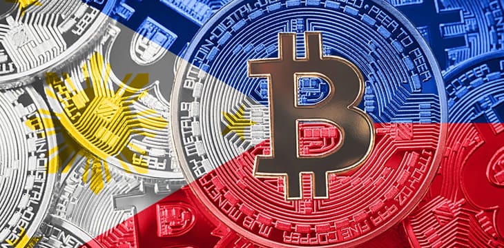 Stack of Bitcoin Philippines flag. Bitcoin cryptocurrencies concept