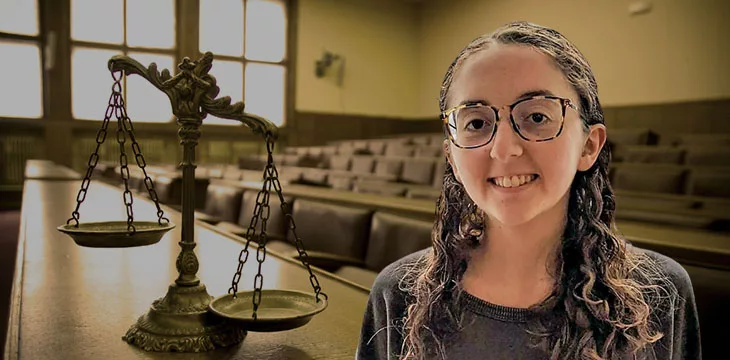 Caroline Ellison with courtroom background