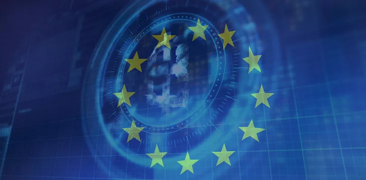 Image of scope scanning and bitcoin symbol over flag of eu