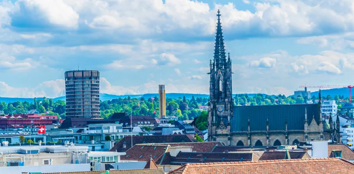 Aerial view of elisabeth church and bank of international