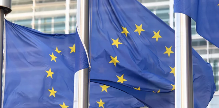 European flags in front the Berlaymont building, headquarters commission on Brussels