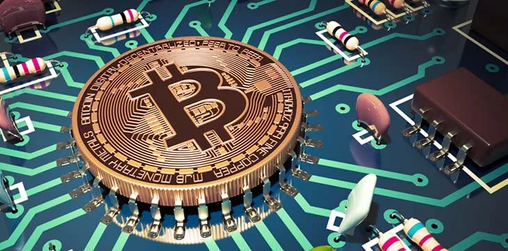 Concept Of Bitcoin Like A Computer Chip On Motherboard