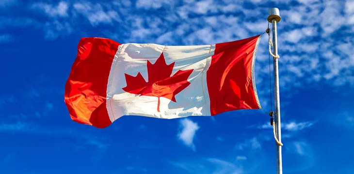 Canadian flag Waving against blue sky