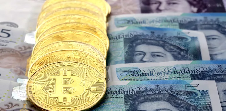 Bitcoin golden coins on United Kingdom Pound sterling banknotes