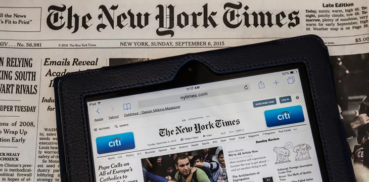 The New York Times newspaper and on tablet