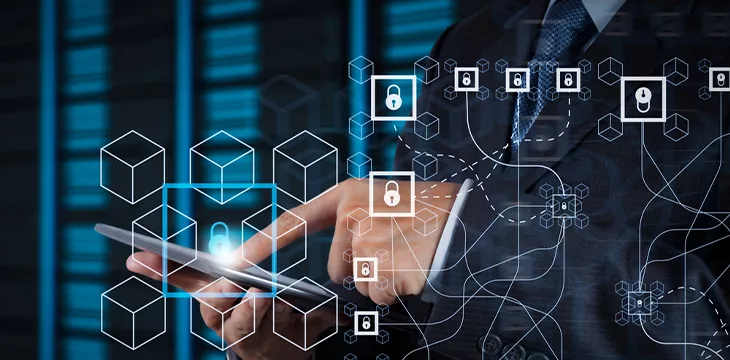 Blockchain technology concept with diagram of chain and encrypted blocks