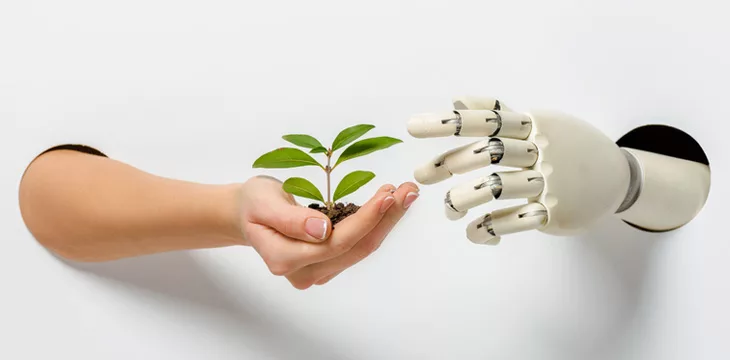 Cropped image of woman and robot holding a plant